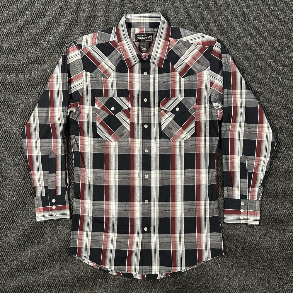 High Noon Men's Western Pearl Snap Shirt Small Black Red Plaid Long Sleeve Rodeo